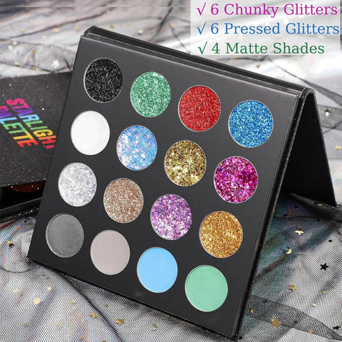 UCANBE Glitter Eyeshadow Makeup Palette - 12 Chunky & Fine Pressed Glitter + 4 Eye Shadow Powder for Theater Party