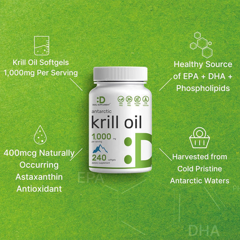 DEAL SUPPLEMENT Antarctic Krill Oil 1,000mg, 240 Softgels – Rich in Omega-3s, EPA, DHA, Astaxanthin, Non-GMO