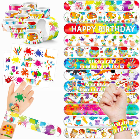 48PCS Art Party Favors: 24 Tattoos, 24 Slap Bracelets, Themed Birthday Supplies, Gifts for Girls Boys