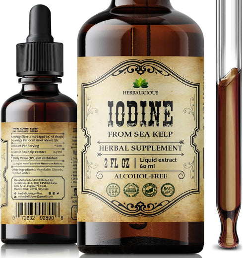 HERBALICIOUS Iodine Drops Natural Iodine Liquid from Sea Kelp Thyroid Supplement for