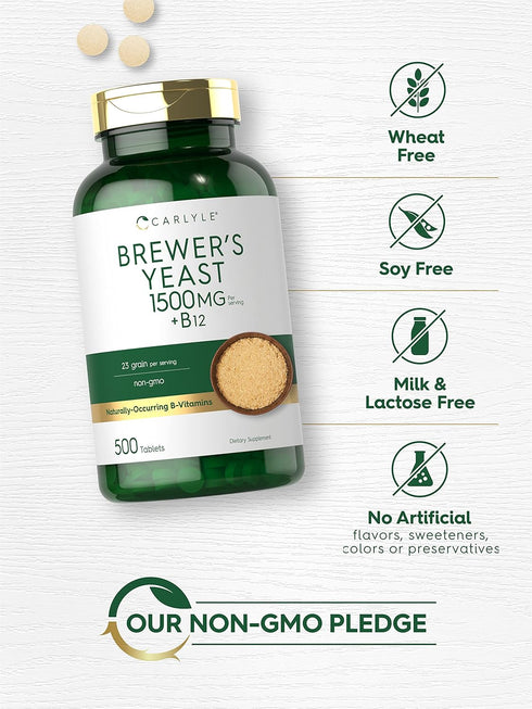 Carlyle Brewers Yeast Tablets with Vitamin B12, 500 Count - 1500mg, Non-GMO & Gluten Free
