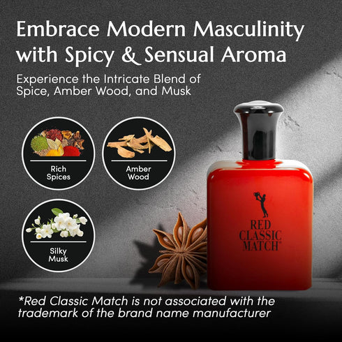 PB ParfumsBelcam Red Classic Match Eau de Toilette, Spicy Woody Amber Fragrance for Men, 2.54 Fl Oz