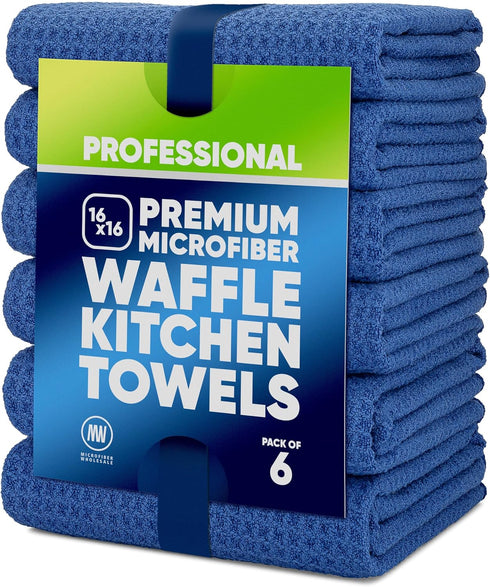 Microfiber Waffle Weave Kitchen Towels | Blue | 16 x 16 in. (6 Pack) | Absorbent, Reusable, Soft