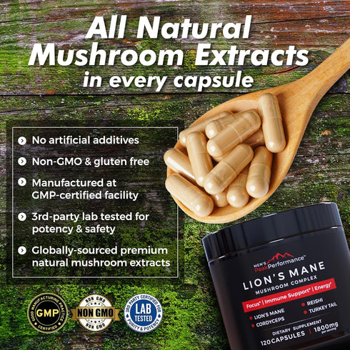 MEN'S PeakPerformance Mushroom Complex with Lions Mane, Reishi, Cordyceps, Turkey Tail, Nootropic Brain Supplement for