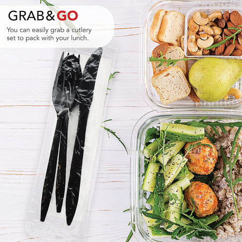 Party Essentials Individually Wrapped Plastic Cutlery Packets, 50 Sets of Black Forks, Spoons, Knives, Napkins