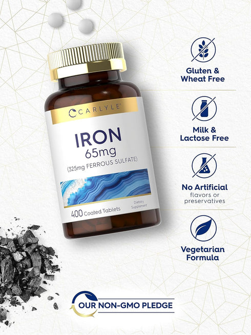 Carlyle Iron Ferrous Sulfate 65 mg | 400 Tablets | Non-GMO, Gluten Free, Vegetarian High Potency Supplement