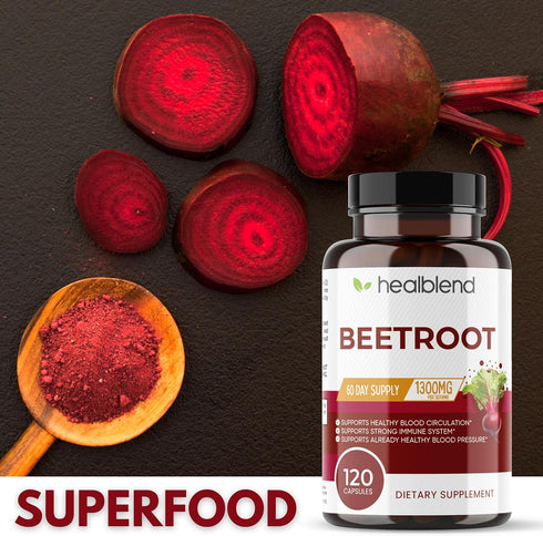 healblend Organic Nitric Oxide Beet Root Capsules 1300mg - Nitric Oxide Booster, Support Immune System - 120 Count