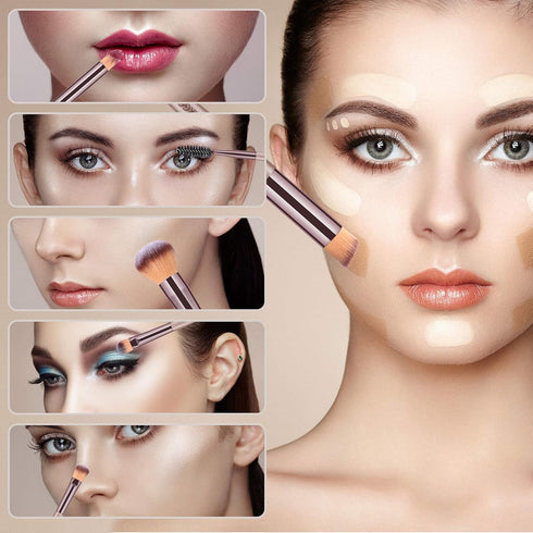 HEYMKGO 15PCS Champagne Gold Professional Makeup Brush Set with Bag, Foundation, Blending, Powder, Blush, Concealer,