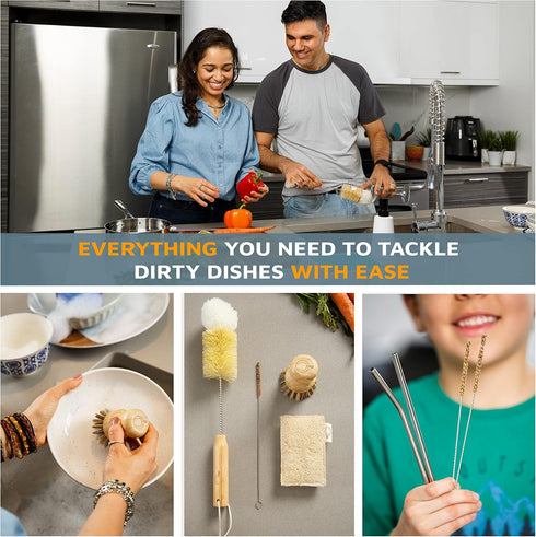 Bamboo Dish Brush Set, Complete Sustainable & Compostable Sponge and Scrubber Set for Eco-Friendly Cleaning