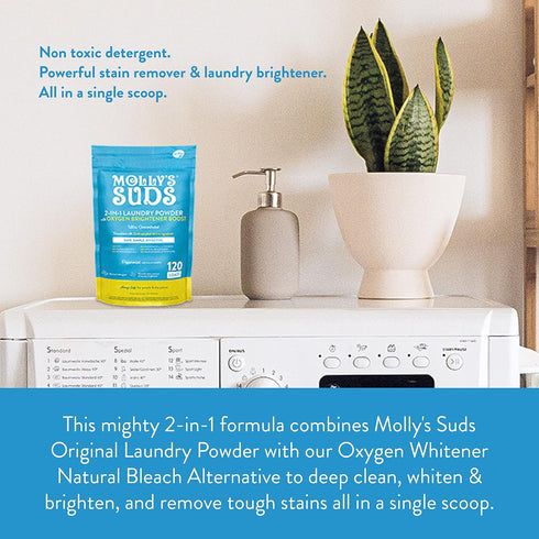 Molly's Suds 2-in-1 Original Laundry Powder with Oxygen Brightener Boost | Natural Laundry Detergent & Stain Remover | Peppermint with Hint of Lemon, 120 Loads
