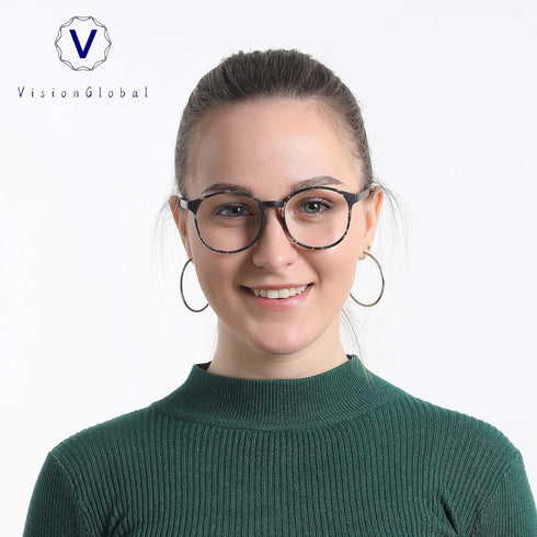 VisionGlobal Blue Light Blocking Glasses, Anti Eyestrain for Women/Men, Stylish Oval Frame, Anti Glare, Gray +1.50