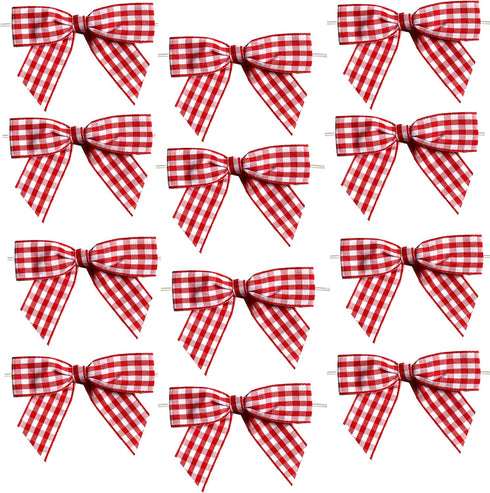 Red White Gingham Pre-Tied Bows - 3" Wide, Set of 12, Buffalo Check Ribbons for 4th of July Decor