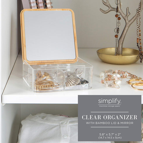 Simplify 3 Compartment Organizer with Bamboo Lid, Perfect for Jewelry, Cosmetics, Accessories, and Keepsake Storage
