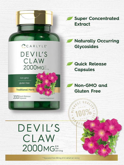 Carlyle Devils Claw 2000mg - 200 Capsules of Concentrated Root Extract - Non-GMO, Gluten Free Herbal Supplement