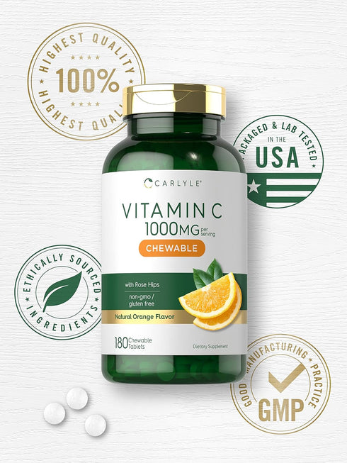 Carlyle Vitamin C Chewables, 1000mg, 180 Chewable Tablets, Vegetarian, Non-GMO, Gluten Free Supplement