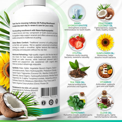SELFWISE 16oz Nano-Hydroxyapatite Oil Pulling Whitening Mouthwash for Teeth and Gums, Natural & Organic, Whitens Teeth