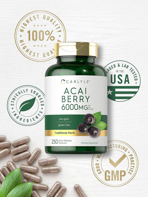Carlyle Acai Berry Capsules 6000mg - 250 Count, Non-GMO & Gluten Free Acai Berry Extract