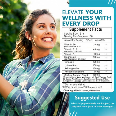 Women,19-in-1 w/Magnesium,L-Theanine,Ashwagandha,Omega-3, Cortisol Supplements for Cortisol Supplement Liquid Drops