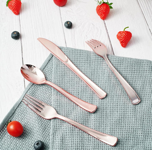 FOCUSLINE 75 Pack Rose Gold Plastic Silverware Set, 25 Forks, 25 Knives, 25 Spoons, Heavy Duty Disposable Cutlery