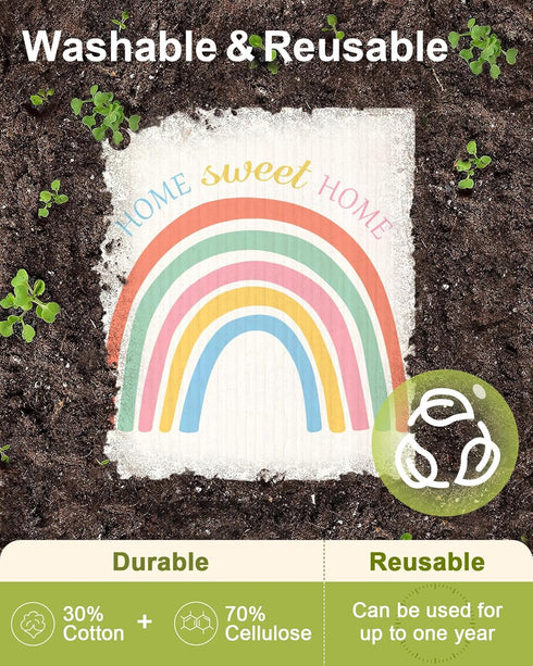 6 Pack Swedish Dishcloths for Kitchen, Fast Drying Reusable Towels, Cute Funny Washable Cleaning Sponge Cloths, Rainbow