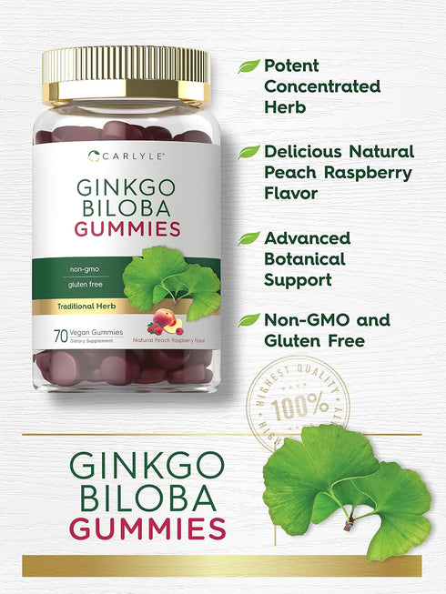 Carlyle Ginkgo Biloba 300mg | 70 Gummies | 45:1 Leaf Extract with Peach Raspberry Flavor | Vegan, Non-GMO, Gluten Free