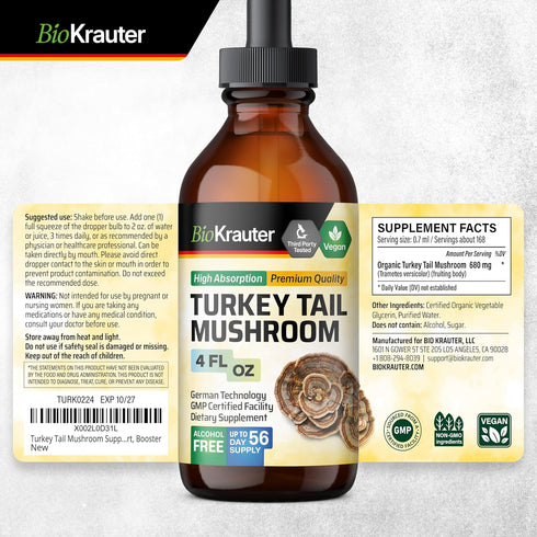 BIO KRAUTER Turkey Tail Mushroom Supplement, Vegan Immune Support Drops, Alcohol & Sugar Free, 4 Fl.Oz.