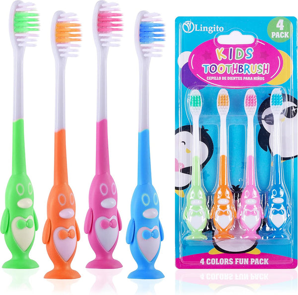 Kids Toothbrush Suction Cup - Toddler Toothbrush with Soft Bristles, Suction Cups for Easy Access - 4 Pack (Penguin)