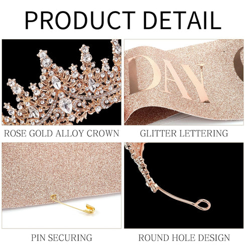 Rose Gold Crown for Women Birthday Queen Sash & Rhinestone Tiara Set Decoration Hair Accessories