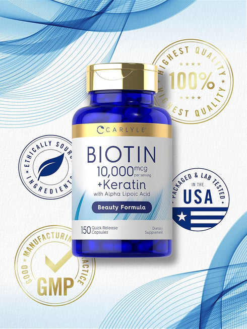 Carlyle Biotin 10000mcg | 150 Capsules | Non-GMO, Gluten Free Beauty Formula with Keratin