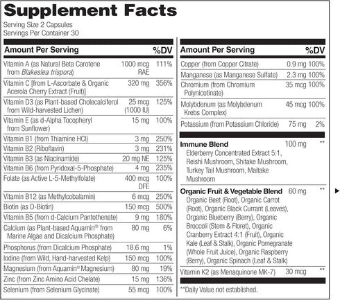 NATURELO Whole Food Multivitamin + Immune Blend with Elderberry & Mushrooms, 60 Vegan Capsules