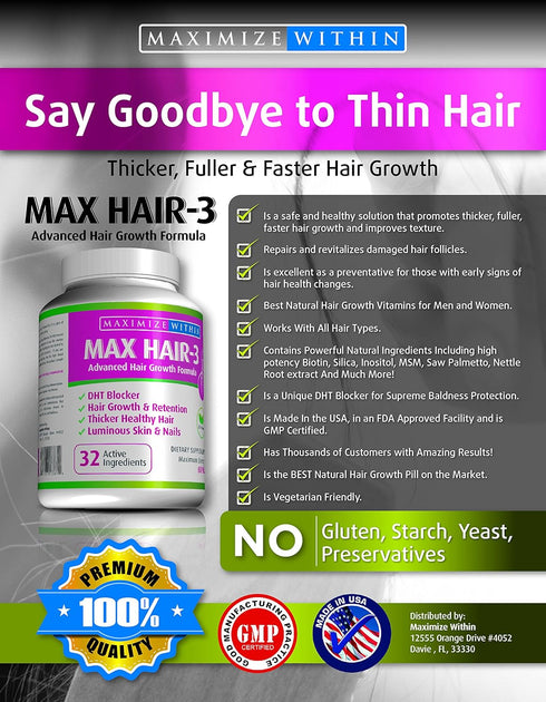 Maximum Slim Max Hair-3 Advanced Hair Growth Formula for Longer, Stronger Hair - Biotin, Keratin, Bamboo
