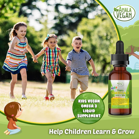 Omega 3 for Kids - Organic Vegan Liquid Supplement, Kids Fish Oil with DHA, EPA, DPA - Plant Based Algae Oil, 30-60