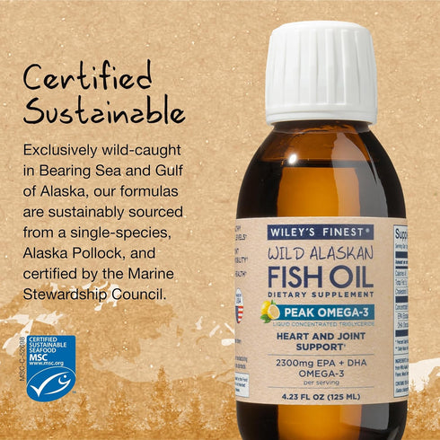 Wiley's Finest Wild Alaskan Fish Oil Peak Omega-3 Liquid Supplement - 2300mg EPA and DHA Omega-3s - Lemon Flavor - 4.23