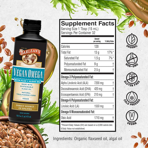 Barlean's Vegan Omega Liquid Flax and Algae Oil Supplement, Plant Based EPA DHA from Algal Oil and Organic Flaxseed, 16