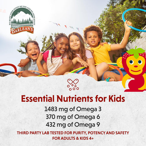 Barlean's Omega Pals Omega 3 for Kids - Yummy Straw-Nana Flavored Liquid Flax Seed Oil Supplement, 8 oz