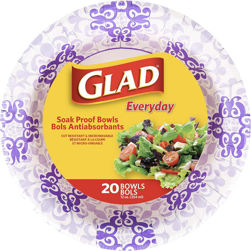 Glad Round Disposable Paper Bowls, Purple Victorian Design, Heavy Duty, 12 Oz, 20 Count