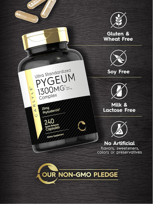 Carlyle Pygeum Standardized 1300mg Africanum Bark Extract Supplement, 240 Capsules, Non-GMO, Gluten Free