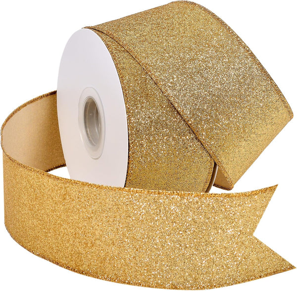 YAMA Glitter Wired Ribbon, Gold, 2-1/2 Inch x 20 Yards for Christmas, Gift Wrapping, Wreaths
