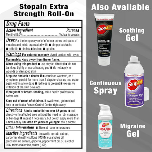 Stopain Pain Relief Roll On Gel, 3oz (2 Pack), Max Strength Fast Acting with MSM and Glucosamine