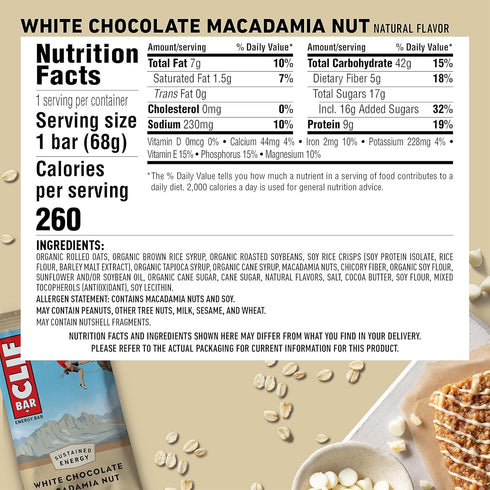 Clif Bar - White Chocolate Macadamia Nut Flavor - 9g Protein, Non-GMO, Plant Based Energy Bars - 15 Pack
