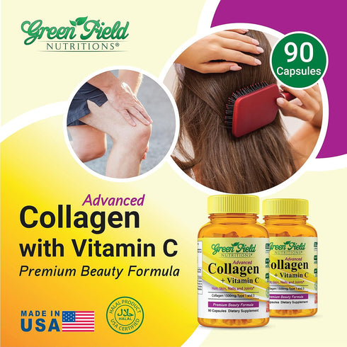 Greenfield Nutritions Halal Collagen Peptides - 1500 mg Type I & III with 300 mg Vitamin C for Hair, Skin, Nails &