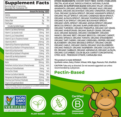 Orgain Kids Sugar Free Multivitamin Gummies, Vegan, 50 Superfoods, 15 Vitamins and Minerals, Immune Support and 3g of Fiber, Mixed Berry, Ages 4+, 1 Month Supply (60 Gummies)