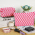 2-Pack Makeup Bag For Women - Large Checkered Knitted Cosmetic Bags&Small Makeup Pouch Aesthetic Design Travel Toiletry Bag Skincare Bag Car Storage Bag With Zipper(Pink)