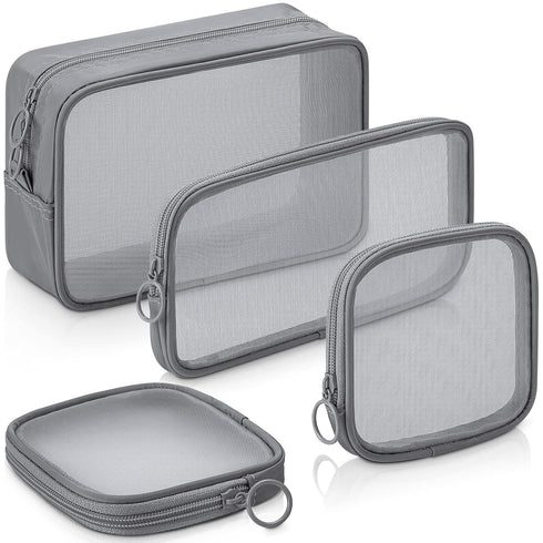 Weewooday 4 Pcs Mesh Makeup Bag, Travel Toiletry Pouch with Zipper, Gray