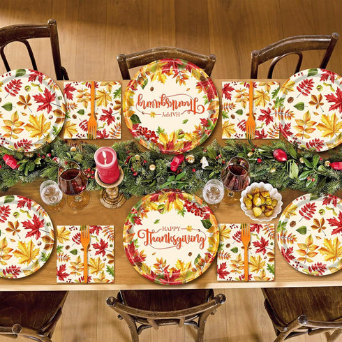 Temicle 96 Set 24 Pieces Fall Leaves Thanksgiving Tableware Autumn-Themed Disposable Party Supplies with Paper Plates