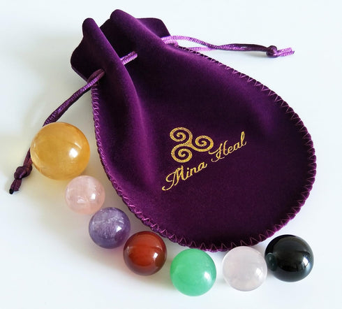 Set of 7 Natural Chakra Crystal Balls for Healing Meditation - Yellow Calcite, Black Obsidian, Rose Quartz, Clear