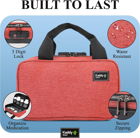 Kaddy Secure Pill Organizer Box, Storage for Medicine or Supplements, TSA Approved Lock (Red)