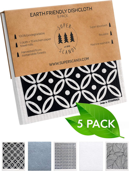 SUPERSCANDI 5 Pack Swedish Dishcloths for Kitchen - 100% Biodegradable, Reusable Paper Towels, Scandi White