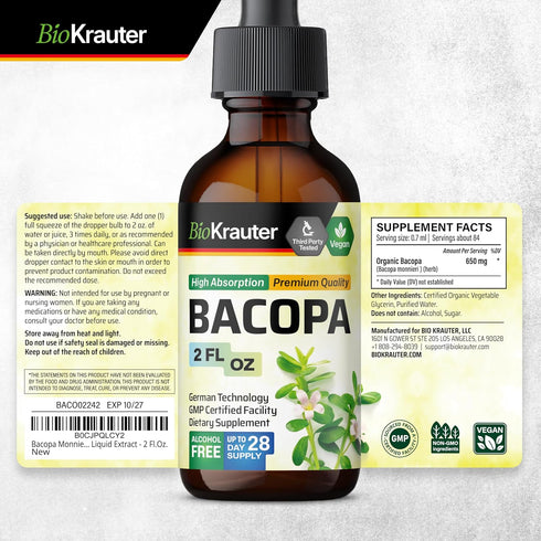 Bacopa Monnieri Organic Tincture | Cognitive Health Support Liquid Supplement | Organic Bacopa Herbal Extract | Alcohol