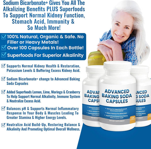Immune, Advanced Baking Soda Capsules: Organic Use Aluminum Free Baking Soda w/Superfoods to Support Kidneys, Stomach